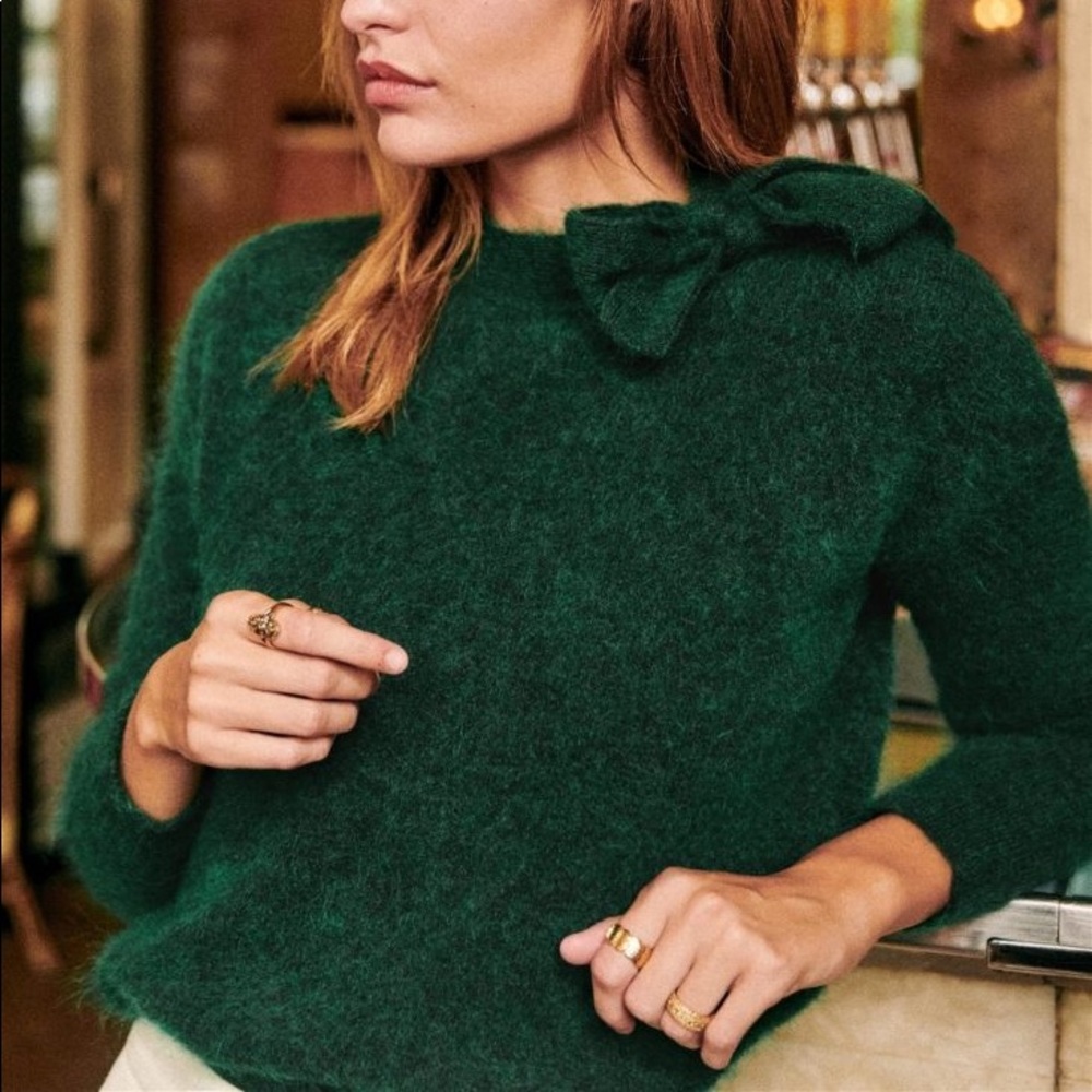 Sezane Zita Bow Jumper Mohair Sweater Green Size Medium